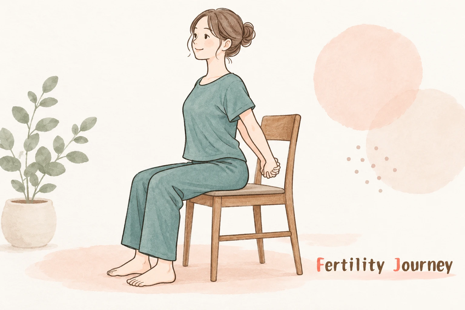 椅子に座り、お尻の後ろで手を組んで胸を穏やかに開く姿勢のイメージ
